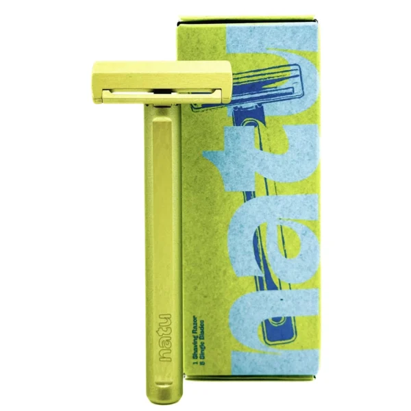 NATU single edge pivot head safety razor with a light green anodised aluminium handle, shown with its retail box