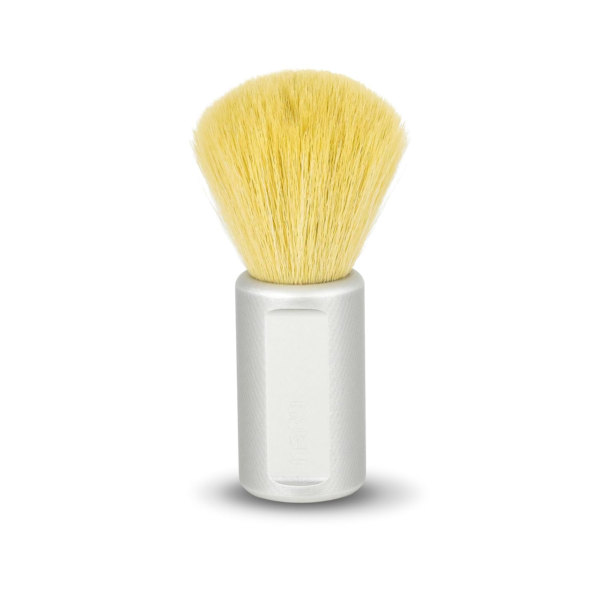 NATU synthetic shaving brush with a light grey silver anodized aluminum handle and 22 mm synthetic knot