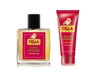 Cella Milano after shave lotion bottle beside a Cella after shave balm tube on a white background