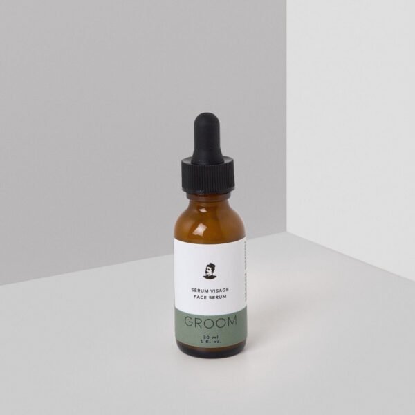 GROOM Face Serum 30 ml amber glass dropper bottle, hyaluronic acid and reishi