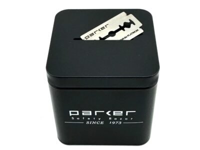 Parker all metal double edge blade disposal bank with a used razor blade in the slot