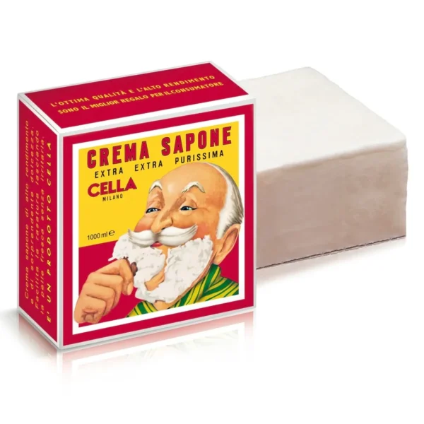 Cella Milano Crema Sapone 1 kg box beside the unwrapped soap block