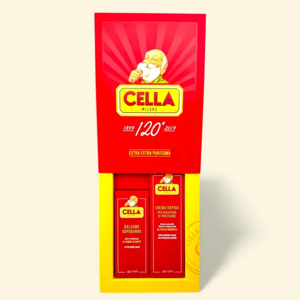 Cella Milano 120th anniversary gift box standing upright with a tube in front
