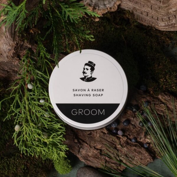 GROOM shaving soap 120 g metal tin, top view of the lid