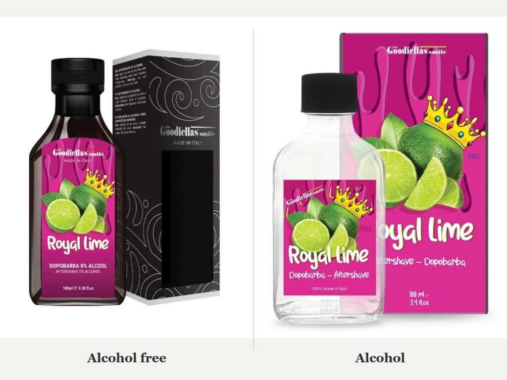 The Goodfellas Smile Royal Lime aftershave shown in the alcohol-free splash and the alcohol version side by side