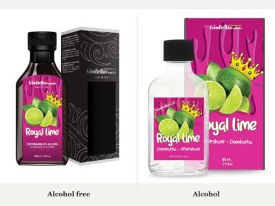 The Goodfellas Smile Royal Lime aftershave shown in the alcohol-free splash and the alcohol version side by side