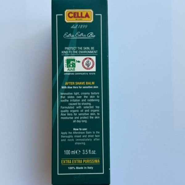 Cella Bio Organic After Shave Balm with Aloe Vera 100 ml, side panel of the box with English directions