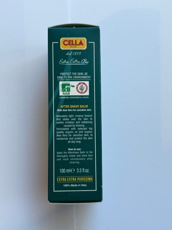 Cella Bio Organic After Shave Balm with Aloe Vera 100 ml, side panel of the box with English directions