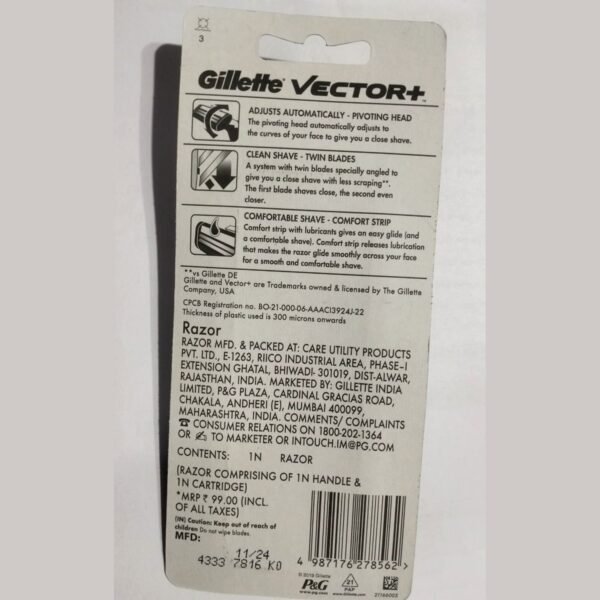 Back of the Gillette Vector Plus razor package showing pivoting head, twin blades, comfort strip and contents