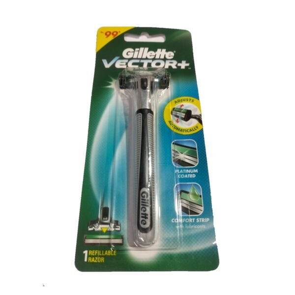 Gillette Vector Plus twin blade razor in its package, one handle and one cartridge
