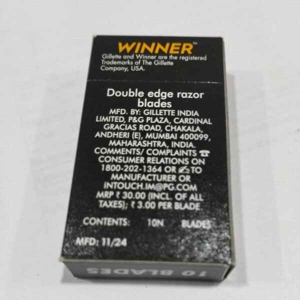 Gillette Winner Platinum double edge razor blades, back of 10 blade tuck with manufacturer details