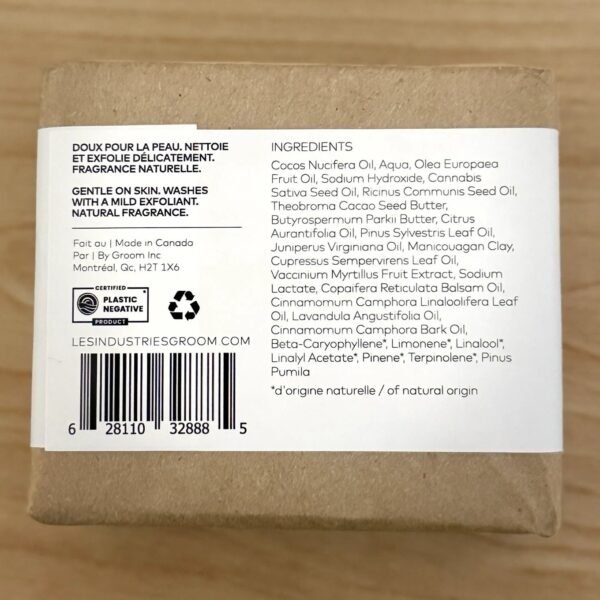 Back label of GROOM North Soap kraft box with bilingual claims, ingredient list, Made in Canada and UPC 628110328885