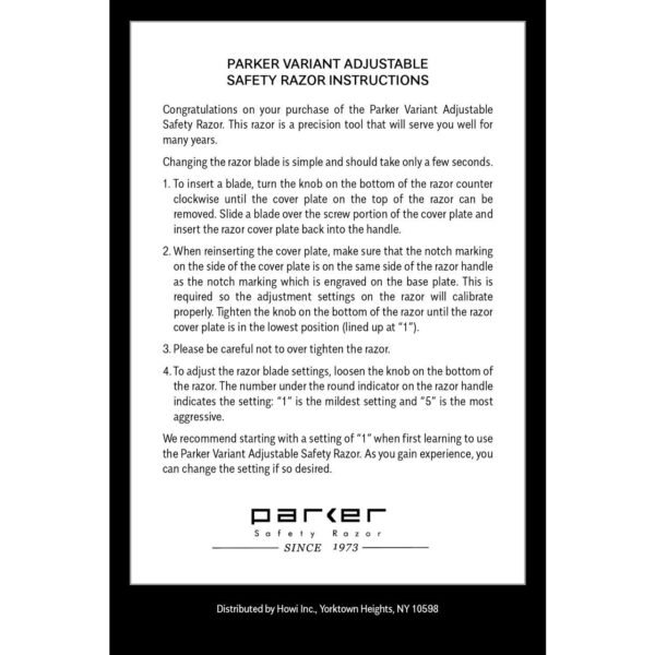 Instruction insert titled “Parker Variant Adjustable Safety Razor Instructions” with blade loading and adjustment steps