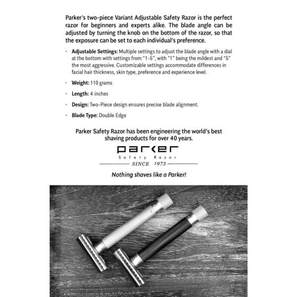 Parker Variant Adjustable specs card listing settings 1–5, weight 110 g, length 4 in, two-piece design, double-edge blade