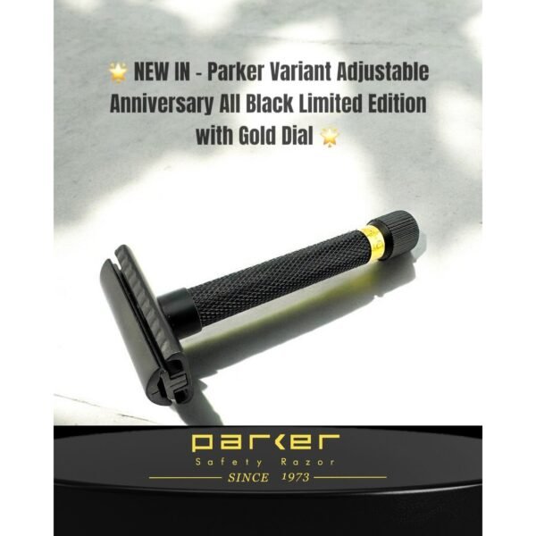 NEW IN – Parker Variant Adjustable Anniversary All Black Limited Edition with Gold Dial” promotional graphic with razor photo