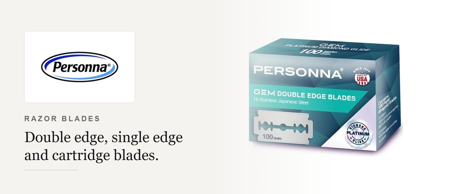 Personna GEM Platinum Diamond Glide double edge razor blades box beside the Personna logo