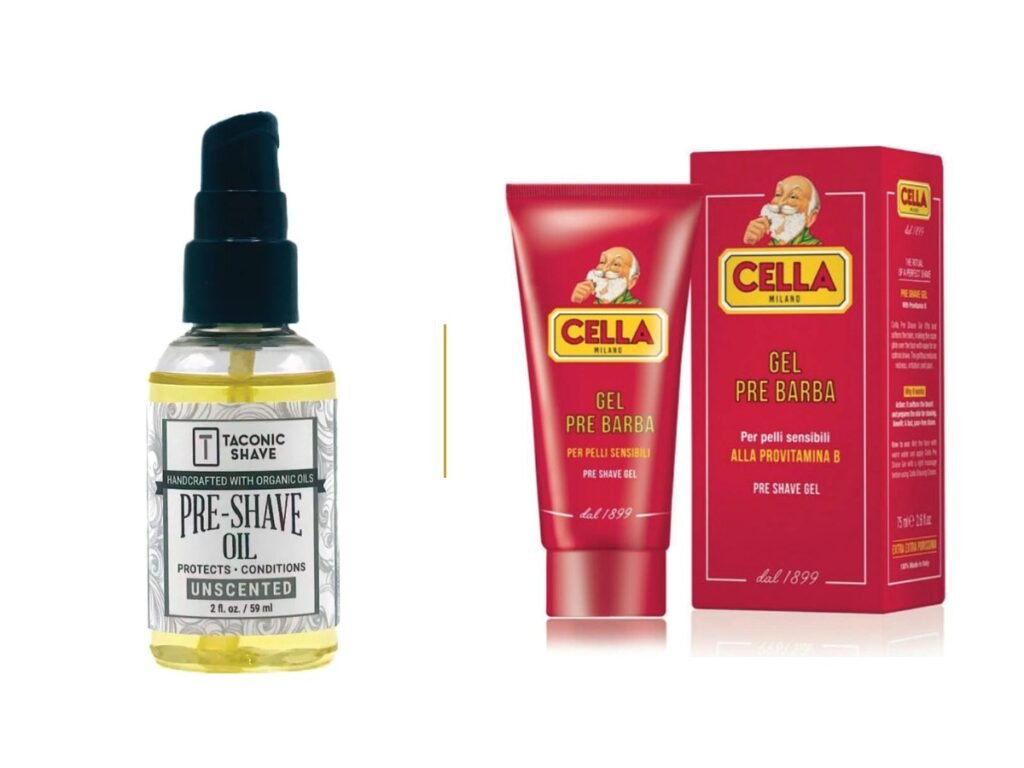 Taconic unscented pre-shave oil bottle beside a Cella pre-shave gel tube and carton