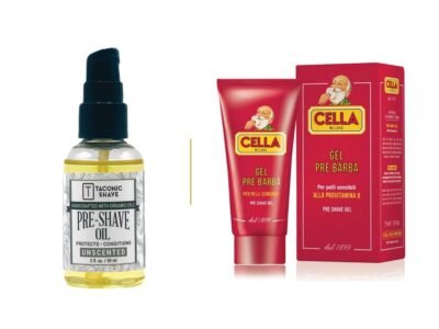 Taconic unscented pre-shave oil bottle beside a Cella pre-shave gel tube and carton