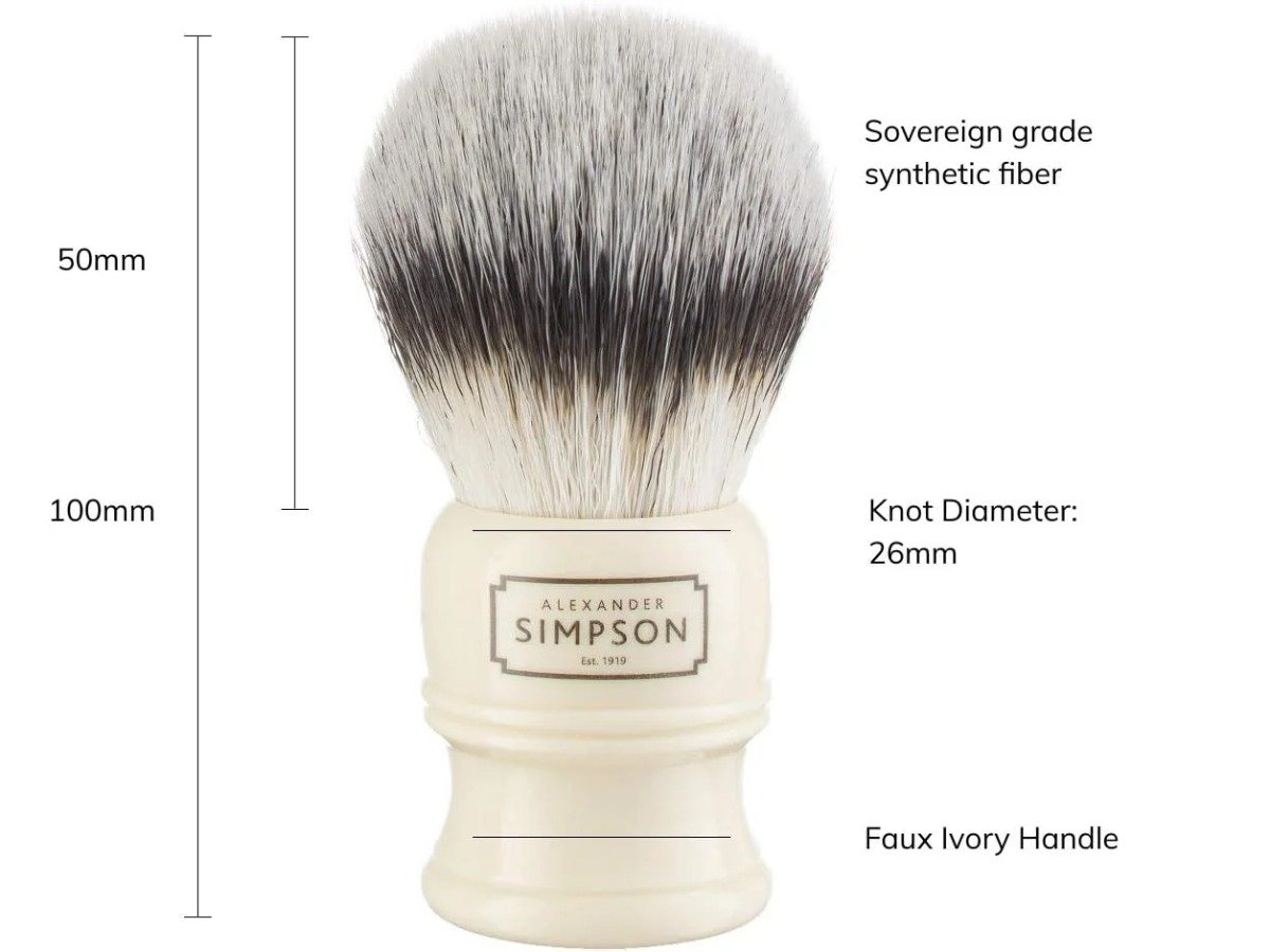 Simpsons Trafalgar T3 shaving brush with its 26 mm knot diameter, 50 mm knot loft and 100 mm overall height marked