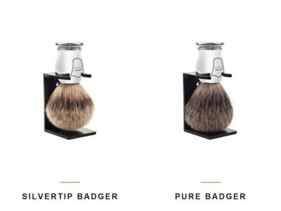 Parker chrome handle silvertip badger shaving brush beside the Parker chrome handle pure badger brush, showing the difference between the two knots