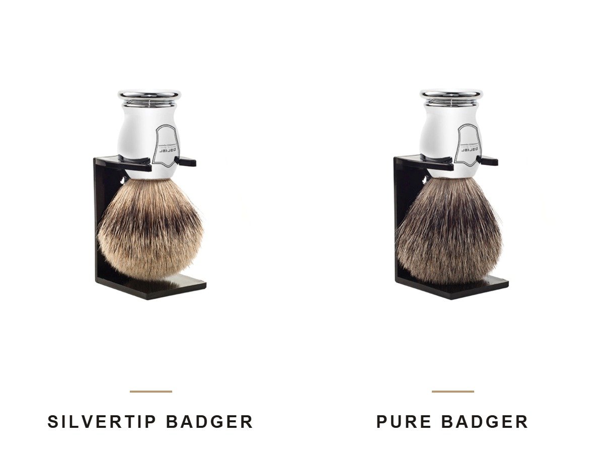 Parker chrome handle silvertip badger shaving brush beside the Parker chrome handle pure badger brush, showing the difference between the two knots