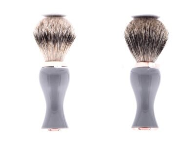 Parker Gray and Rose Gold silvertip badger shaving brush beside the matching pure badger brush, showing the difference in tip colour