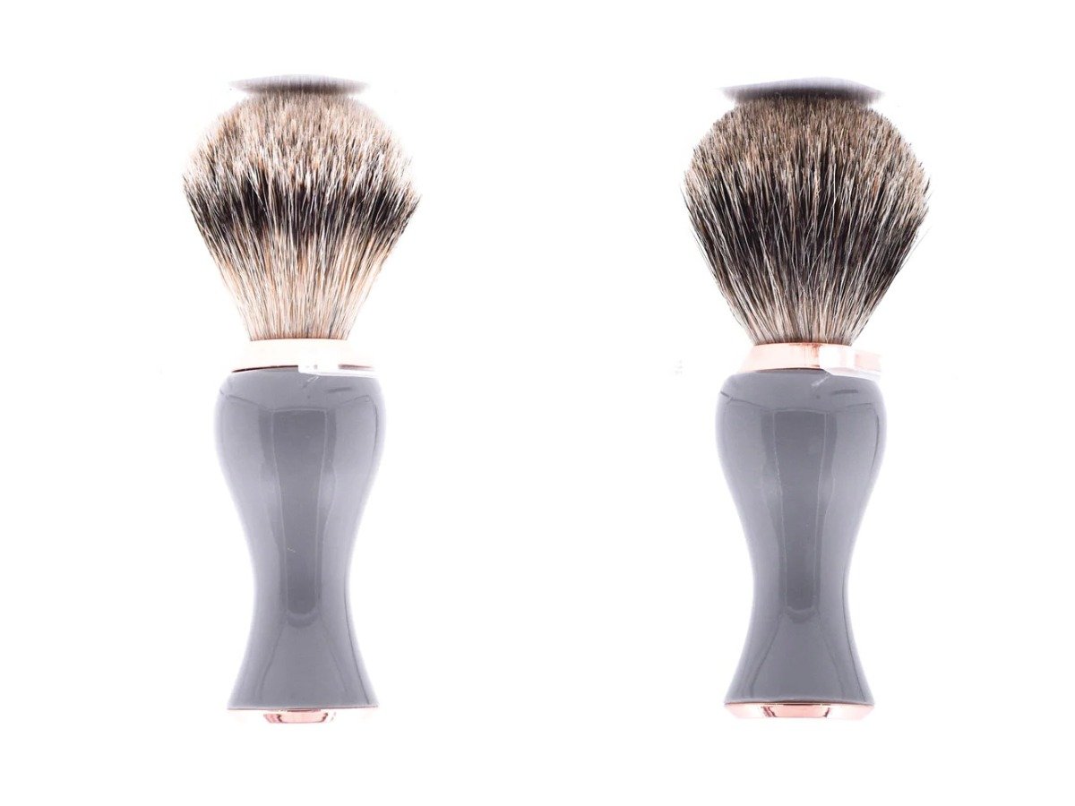 Parker Gray and Rose Gold silvertip badger shaving brush beside the matching pure badger brush, showing the difference in tip colour