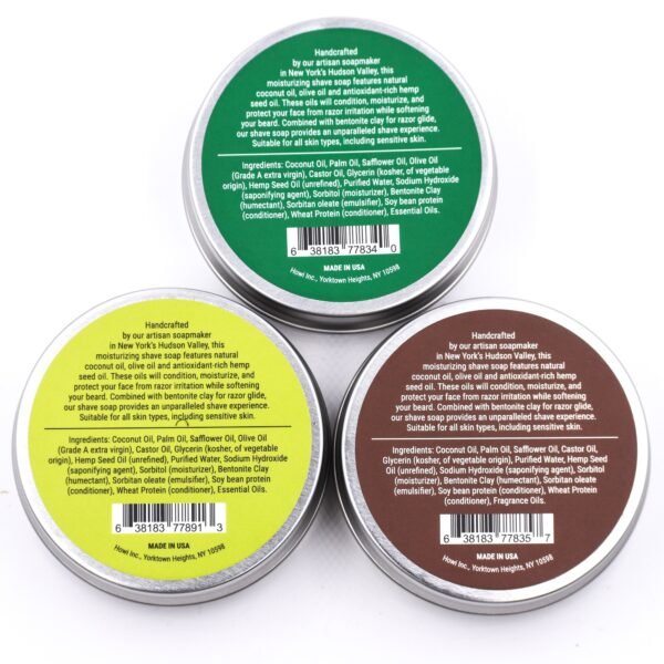 Taconic Shave soap variety pack, backs of the three tins with labels