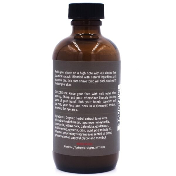 Taconic Shave Urban Woods Aftershave Splash 118 ml, back label with directions and ingredients