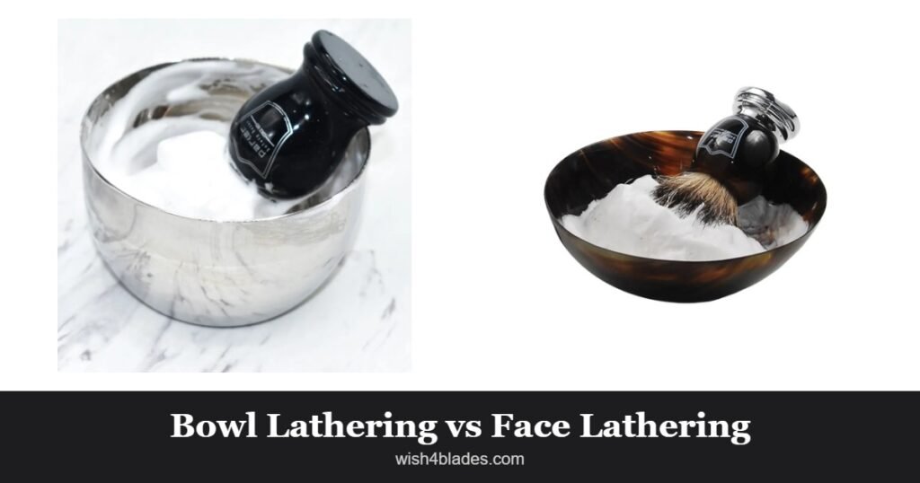 Parker stainless steel and ox horn shaving bowls, each holding lather and a shaving brush